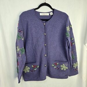 Vintage Claire Murray 100% Wool Embroidered Grapevine Cardigan Sweater Large